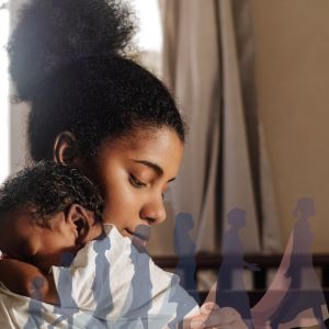 Mother carrying child, with overlay image of life course of girl to woman